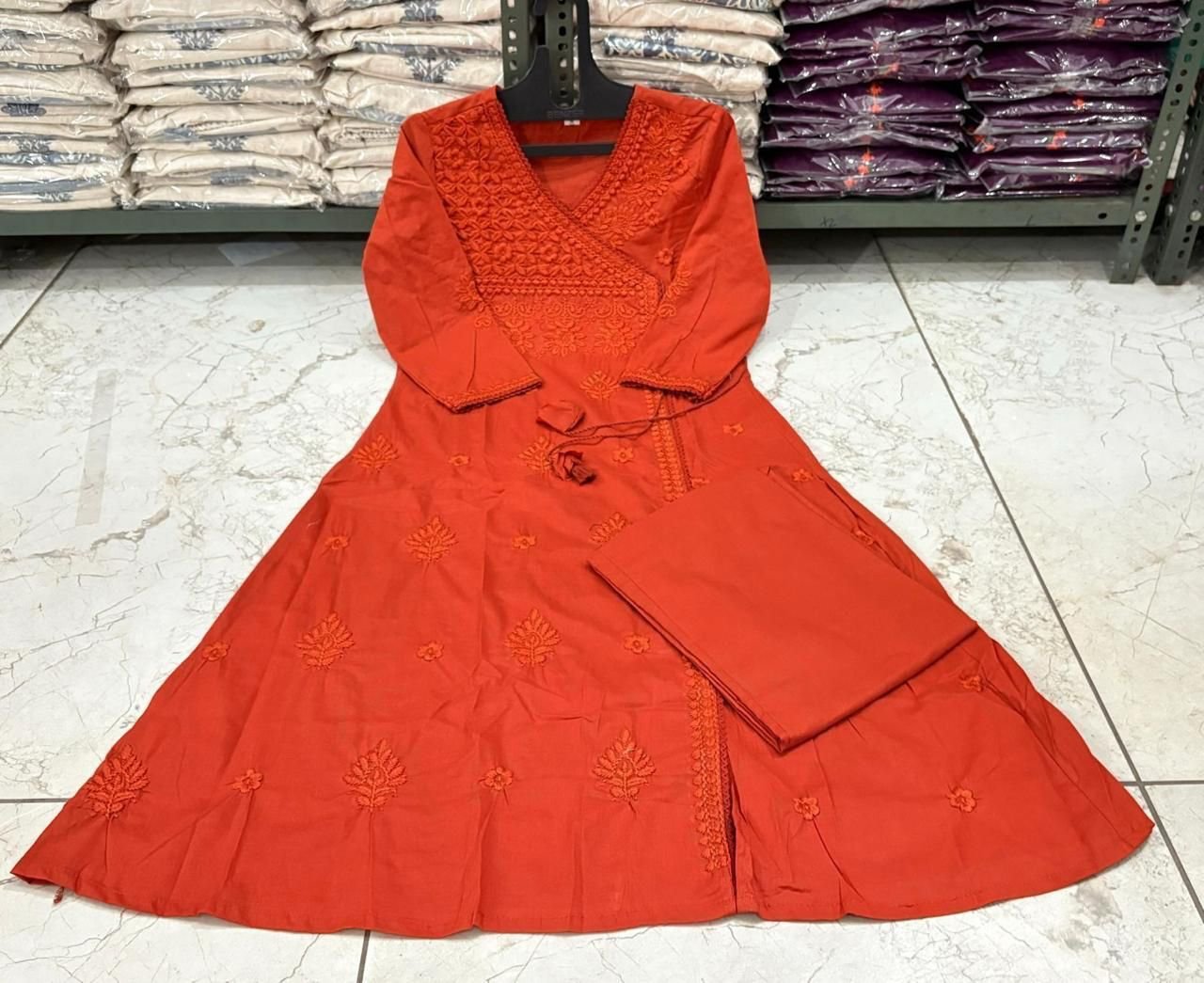 Orange Chikankari Cotton Angrakha Kurti Pant Set